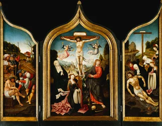 Um tríptico: Cristo na cruz com a Virgem, a Madalena, São João Evangelista e Anjos; nas asas que Cristo ofereceu vinagre antes da crucificação e da lamentação, a agonia no jardim e Ecce Homo,