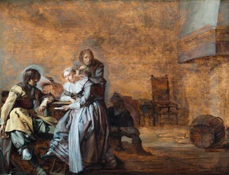 Um interior com cavaleiros e uma mulher a jogar às cartas (óleo sobre painel)