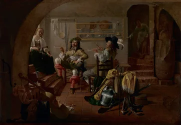 Interior com soldados e mulheres