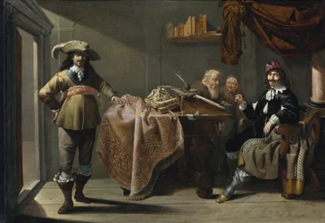 esmola em cartório por Duck, Jacob (1600/10-1667), - Óleo sobre madeira, 32x57 - Coleta particular
