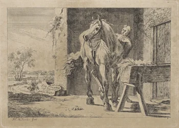 Figura com um cavalo em uma manjedoura Seis gravuras após desenhos de vários mestres (título da série no objeto)