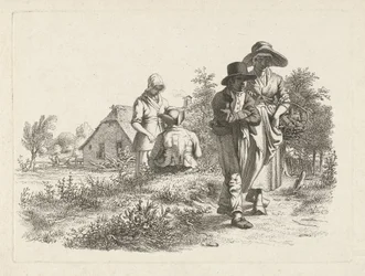 Mulher cega e figuras conversando em uma fazenda Impressões de estudo / Etudes gravées (título da série)