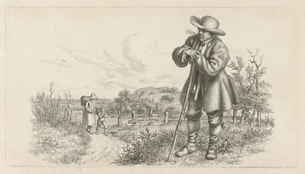 Homem encostado em uma vara e uma mulher com uma criança em uma estrada rural Impressões de estudo / Etudes gravées (título da série)