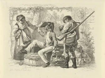Soldado com vidro elevado entre uma mulher e um caçador
Trabalho de impressão de estudos / Etudes gravées (título da série)