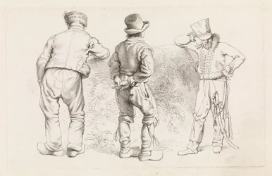 Folha de estudo com três figuras em pé Etudes gravées (título da série)