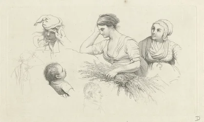 Folha de estudo com uma mulher com um pacote de galhos e figuras Impressões de estudo / Etudes gravées (título da série)