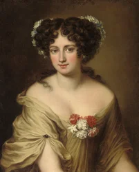 Retrato de Contessa Ortensia Ianni Stella, comprimento do busto, em uma camisa de marfim, com flores no cabelo