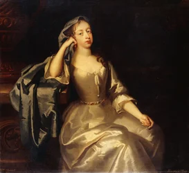 Retrato da Sra. Tyrell, de três quartos, em um vestido de cetim branco e xale azul, o braço direito apoiado em um pedestal, uma paisagem além: