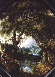 Uma paisagem arborizada com caçadores por um córrego