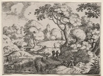 Seis paisagens: caminho entre o pântano e o banco arborizado, c. 1595