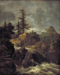Paisagem com uma cachoeira e uma cabana