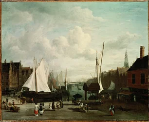 Porto com veleiros e bancas de mercado (pintura sobre tela)
