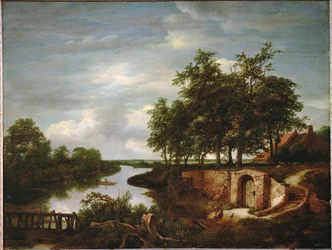 Paisagem fluvial e entrada para uma adega (pintura sobre madeira de carvalho)
