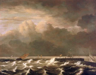 Mar tempestuoso que se abate sobre o cais, mostrando pequenos barcos de pesca apanhados pela tempestade. Óleo sobre tela de Jacob Isaakszoon van Ruisdael (Ruysdael) (1628-1682).