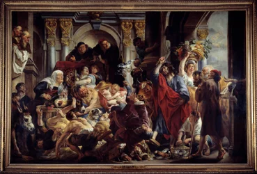 Jesus Chasing Merchants from the Temple Painting by Jacob Jordaens (1593-1678) 17th century Sun. 2,88 x 4,36 m. .