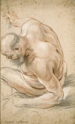 Nu velho sentado, encostado no antebraço, virado para a esquerda, c.1640