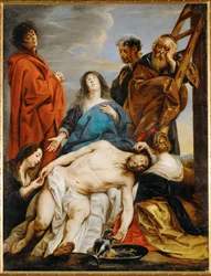 Pieta. Santa Maria segura o corpo de Cristo sobre os joelhos
Maria Madalena tira os espinhos da fronte de Cristo
Maria Salomé levanta a sua mão (pintura sobre tela)