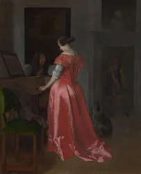 Uma mulher em pé num cravo, cerca de 1675