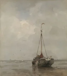Barco de pesca com um arco largo na praia de Scheveningen. Por volta de 1885