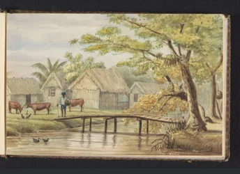Habitações de escravos na plantação de café Sorgvliet. Habitação de escravos (título no objeto). Vista das Blackhuizen na plantação Sorgvliet (título no objeto). Álbum com desenhos do Suriname, p. 5 (50) (título da série)