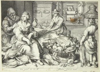 Cena de cozinha com uma senhora de cozinha colhendo aves