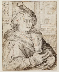 Retrato de um homem com chapéu e manto com abas de pele, de frente para h. T.h. através de uma janela que abre vista para outros quartos