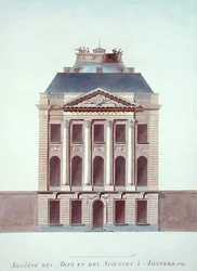 Sociedade das Artes e Ciências, Amsterdão, de "Choix des Monuments, Edifices et Maisons les plus remarquables du Royaume des Pays-Bas" de Pierre Jacques Goetghebuer, publicado em 1827 (aquatint)
