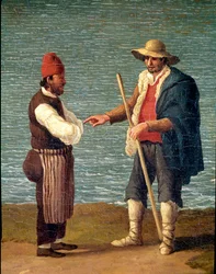 Um pastor e um mercador no porto de Monopoli, Apúlia, Itália (pastor e mercador em Monopoli). Jacob Philipp Hackert, conhecido como Hackert d