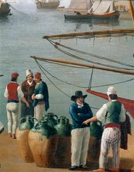 Pescadores e vendedor de azeite em Nápoles, Itália (Pescadores e comerciantes de azeite no porto de Nápoles). Nápoles, Museo Nazionale di San Martino