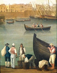 Pescadores de mexilhão de Monopoli, Apúlia, Itália (pescadores de mexilhão em Monopoli). Jacob Philipp Hackert, conhecido como Hackert d