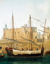 Vista de um navio no porto de Monopoli, Apúlia, Itália - (Navio no porto de Monopoli). Século XVIII - Museo Nazionale di San Martino, Nápoles