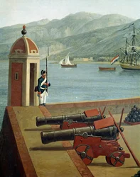 Vista das fortificações militares do porto de Reggio Calabria (Vista das fortificações militares de Reggio Calabria) Detalhe de um guarda e canhões (canhões e guarda) - Pintura de Jacob Philipp Hackert dit Hackert d