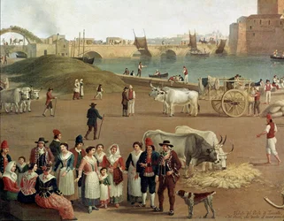 Vista sobre o porto de Taranto, detalhe das actividades comerciais, trabalhadores e pessoas em traje tradicional (Pintura