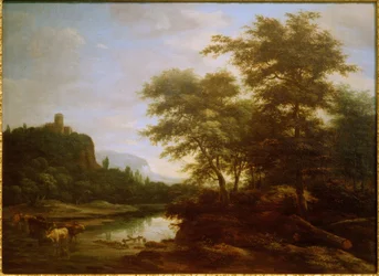 Paisagem com rebanho de vacas na lagoa