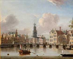 Uma vista de Munt, Amsterdã, com figuras em barcos e nadando no canal (óleo sobre tela)
