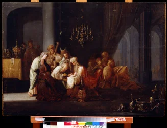 Circuncisão (A circuncisão). Pintura de Jacob Willemsz de Wet, o Velho (por volta de 1630-após 1675). Óleo sobre madeira, 91 x 64 cm. Arte holandesa, estilo barroco. Museu do Extremo Oriente, Khabarovsk.