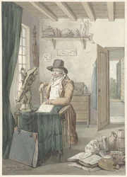 Retrato do artista Jacob Smies em um estúdio com objetos de arte