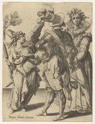 Um Cupido vendado com uma tocha na frente de um casal em trajes festivos As Máscaras (título da série)