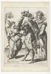 Um Cupido vendado com uma tocha na frente de um casal em trajes festivos As Máscaras (título da série)