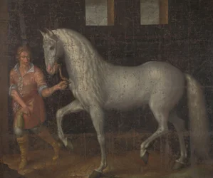 Cavalo de Guerra Espanhol Um cavalo de guerra espanhol capturado por Lodewijk Gunther van Nassau do arquiduque Alberto da Áustria na Batalha de Nieuwpoort e apresentado ao príncipe Maurits