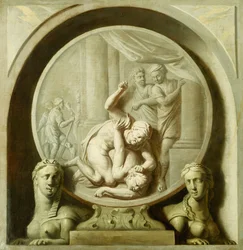 Um roundel decorativo com Odisseu lutando contra o mendigo e com Sphynxs