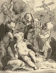 Putti tocando lira (giz vermelho, caneta e tinta preta e lavagem cinza)