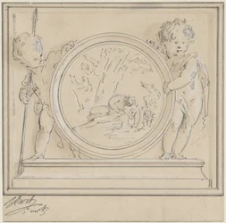 Dois putti com medalhão, em que Narciso e Eco