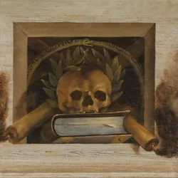 Vanitas ainda vida com caveira com coroa de louros, livro e duas velas acesas