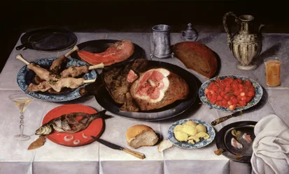Natureza-morta de pequeno-almoço com um peixe, presunto e cerejas, 1614