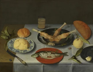 Pequeno-almoço com pão, queijo, peixe e cerveja, c. 1615