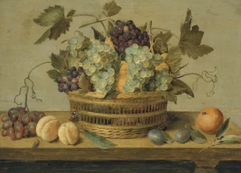 Nectarinas e uvas num cesto sobre uma mesa, com ameixas, laranjas, uma borboleta e um escaravelho
