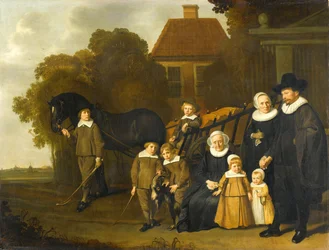 Retrato de grupo da família Meebeeck Cruywagen no portão de sua casa de campo no Uitweg, perto de Amsterdã