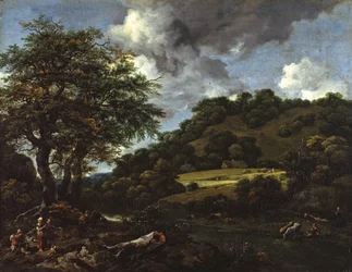 Uma paisagem montanhosa com carvalhos altos