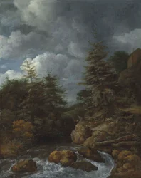 Uma paisagem fluvial com abetos junto a uma cascata